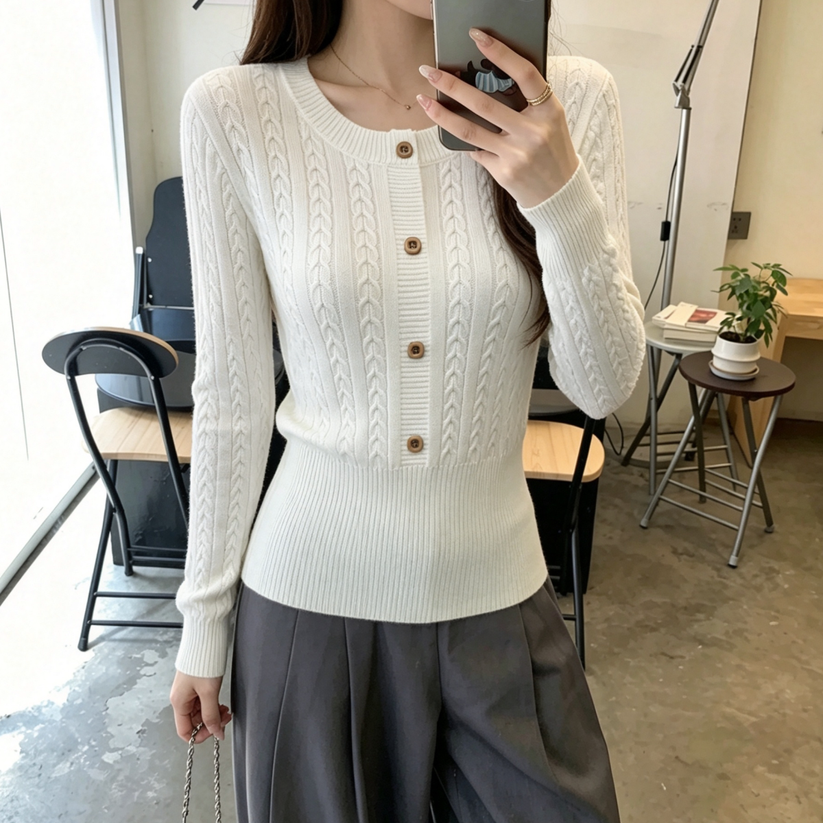 秋冬新款韩版麻花纹针织衫女装长袖圆领纽扣修身短款毛衣百搭上衣