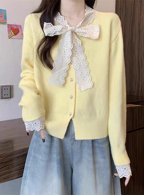 奶呼呼蓝色蝴蝶结针织衫女装春秋季内搭打底衫独特别致超好看上衣