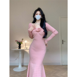 Amy 店外贸品质针织连衣裙早秋气质显身材鱼尾包臀长裙立体扎花