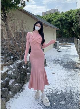 Amy的店外贸品质针织连衣裙法式复古气质交叉设计假两件长毛衣裙