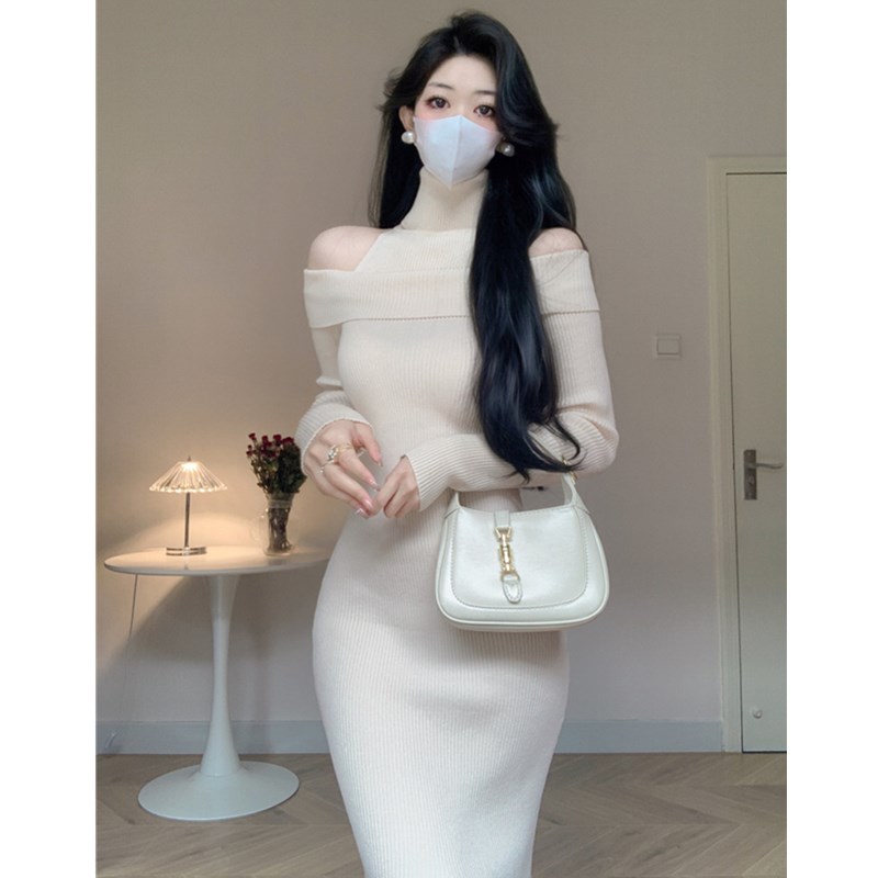 韩版鱼尾裙针织纯色假两件高领