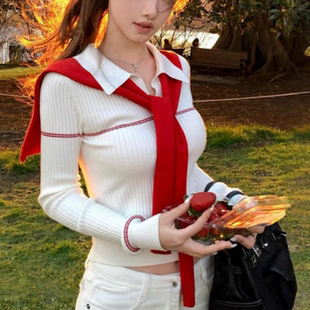 韩系红色披肩POLO领针织衫女早秋季毛衣内搭修身显瘦短款长袖上衣