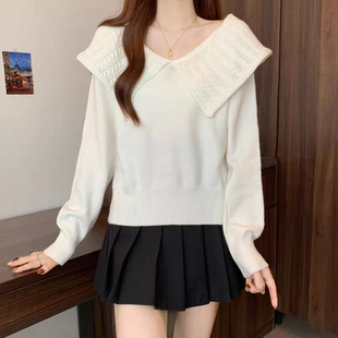 毛衣女秋冬新款 长袖 超好看独特漂亮上衣 显瘦针织衫 娃娃领正肩修身