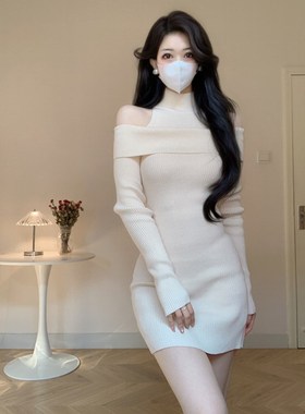 Amy的店外贸品质针织连衣裙2025新款露肩高领修身毛衣短裙包臀裙