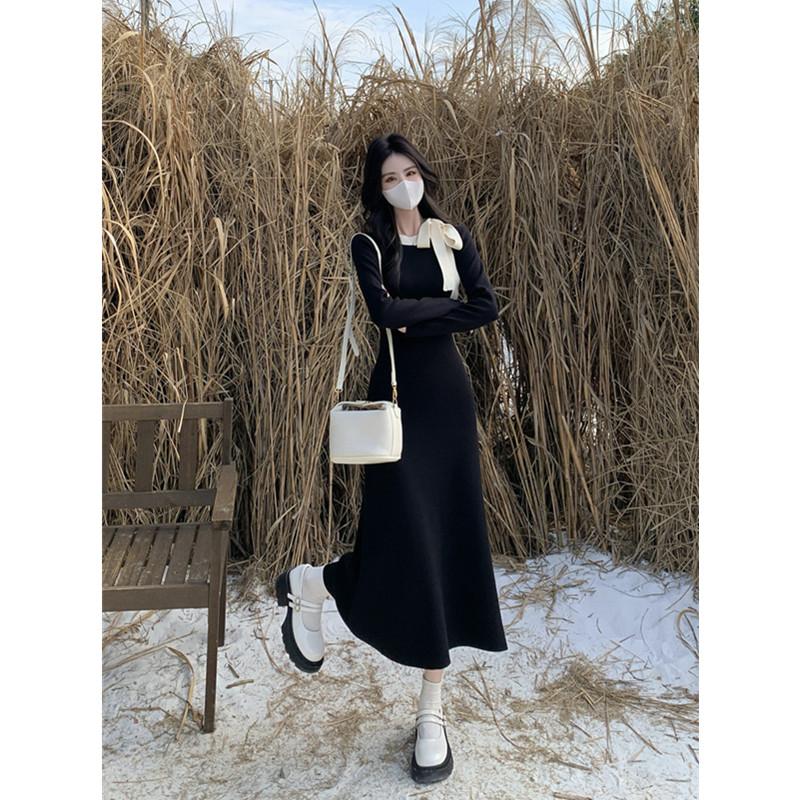 法式赫本风黑色针织连衣裙
