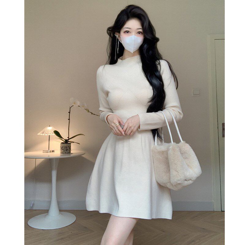 Amy的店外贸品质针织秋冬半高领气质收腰显瘦毛衣连衣裙短款A字裙