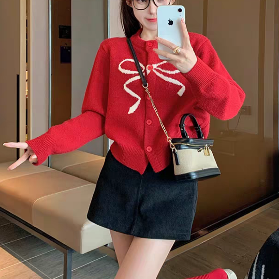 红色蝴蝶结针织开衫女新款秋冬季春装加厚小个子短款内搭毛衣外套,女装/女士精品,毛针织衫,淘宝优惠券,粉丝福利购,淘宝优惠卷