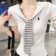 学院风条纹修身 上衣 miu系内搭针织衫 海军领白色短袖 T恤女春夏季