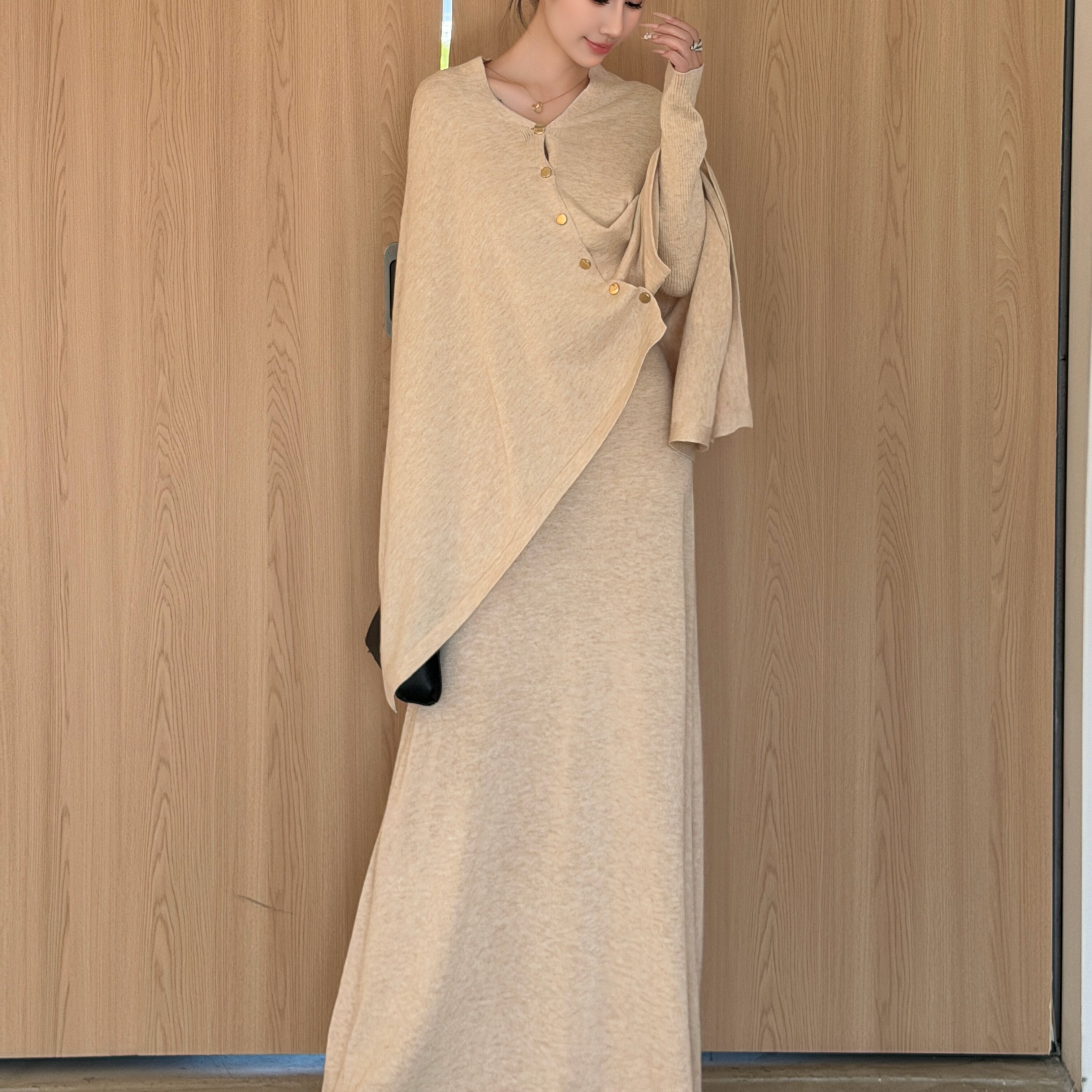 秋冬针织斗篷披肩连衣裙两件套女