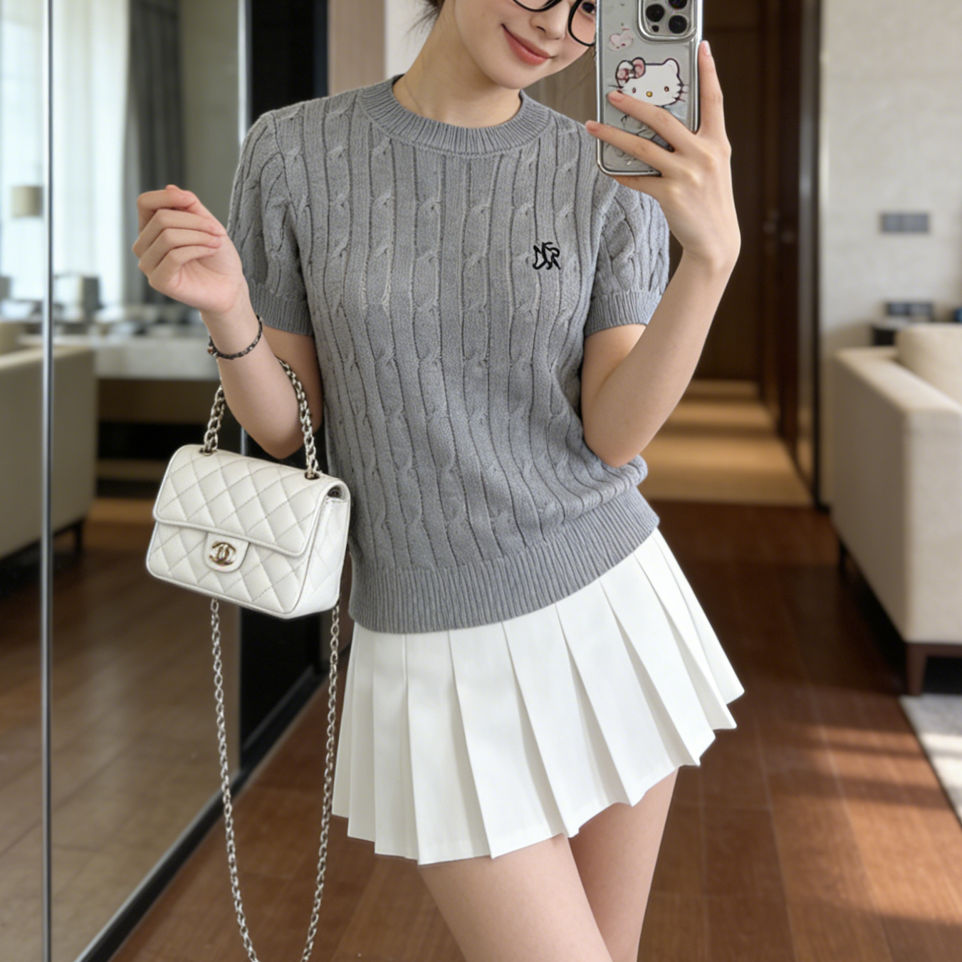 韩系设计感灰色麻花针织短袖正肩T恤女夏薄款温柔风收腰冰丝上衣