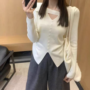 设计感褶皱修身挂脖V领长袖针织衫女秋冬春装洋气内搭打底衫上衣