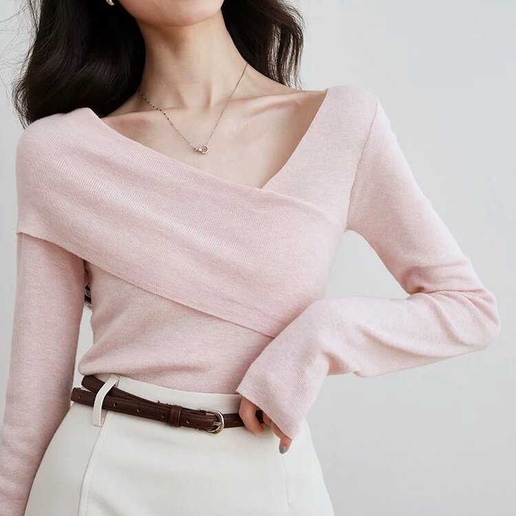 一字领v领长袖针织衫女秋季