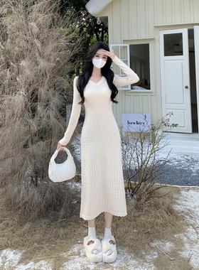 Amy的店外贸品质针织连衣裙修身法式V领花边包臀裙毛衣裙长裙子女