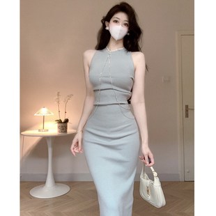 收腰显瘦褶皱长款 连衣裙2024新款 针织裙 店外贸品质针织无袖 Amy