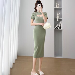 2023春夏冰丝针织连衣裙女修身收腰性感气质盘扣旗袍中长款包臀裙