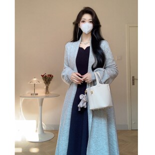 秋冬新款韩版宽松慵懒风中长款针织开衫女秋冬V领毛衣外套百搭潮