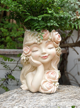 户外花园家居天使摆件仙女花盆托腮戴花环树脂工艺品
