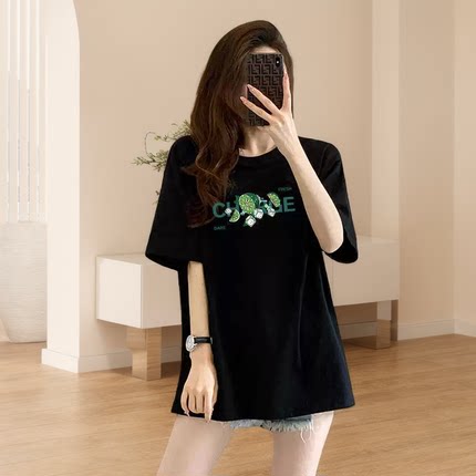 中长款遮臀短袖女夏季精品胖mm宽松上衣设计感复古慵懒风T桖欧货