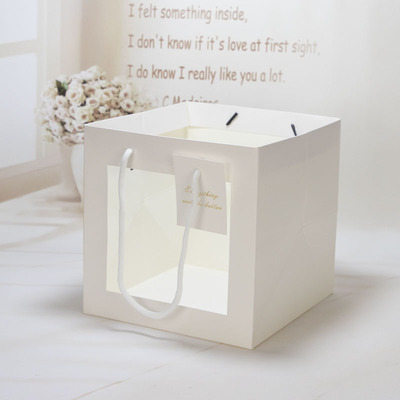 网红INS风牛皮纸袋透明橱窗边框正方形手提袋伴手礼花束礼袋