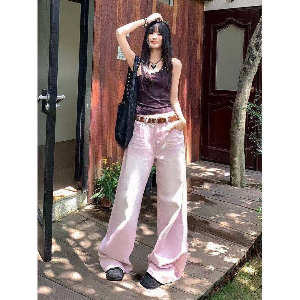 甜美藕粉色微喇牛仔裤女秋季新款垂感宽松修身显瘦阔腿拖地长裤潮