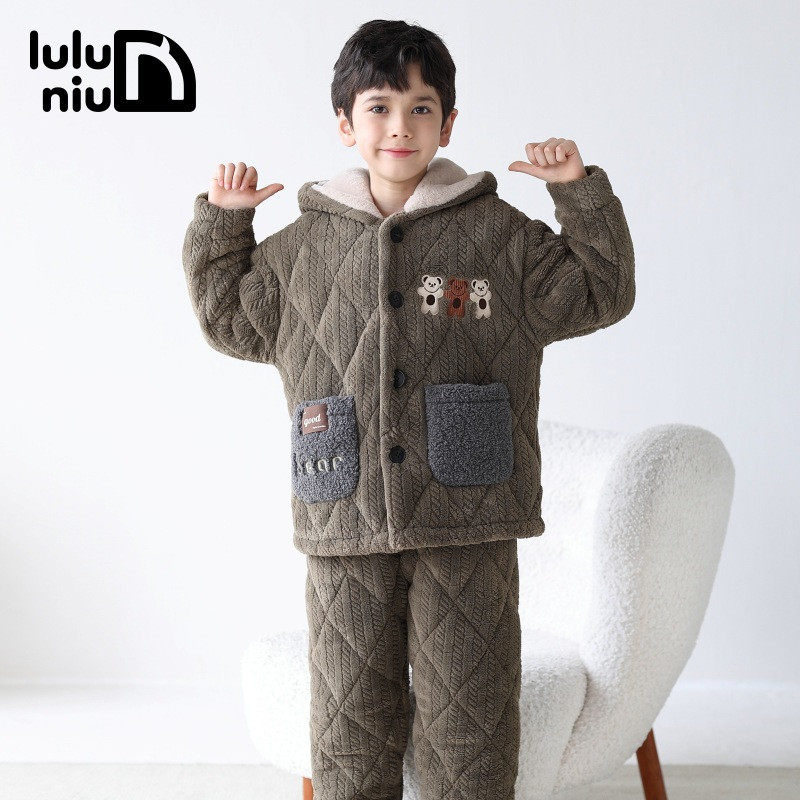 噜噜牛儿童夹棉睡衣男童冬季法兰绒三层加厚男中大童珊瑚绒家居服