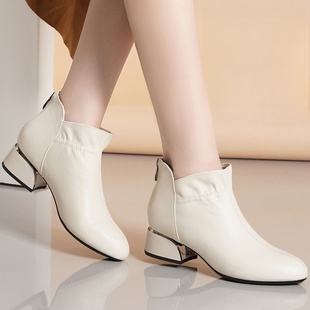 裸靴马丁靴 H.H Shoes 真皮舒适软底粗跟短靴女单靴中跟冬季 新款