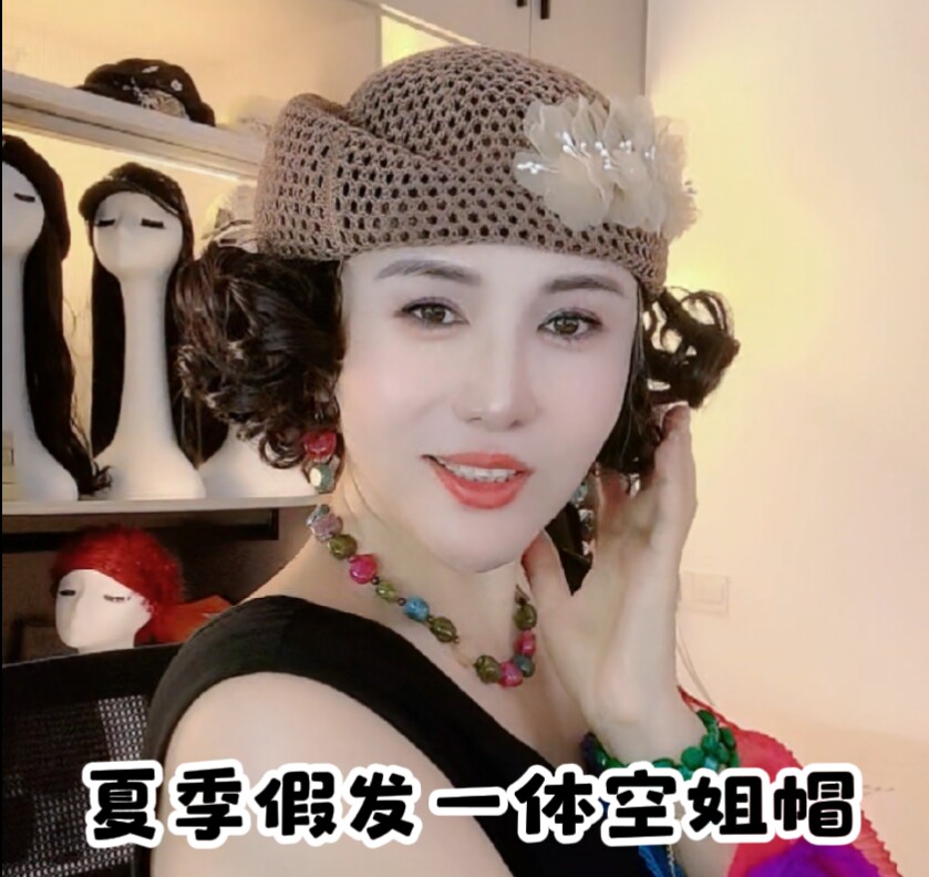 假发一体空姐帽女夏季镂空串花帽子时尚韩版优雅贝雷帽网红爆款