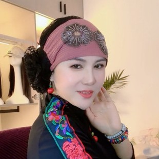 遮白发包头帽女新款双花串珠亮片发带帽头饰帽民族风头巾帽减龄