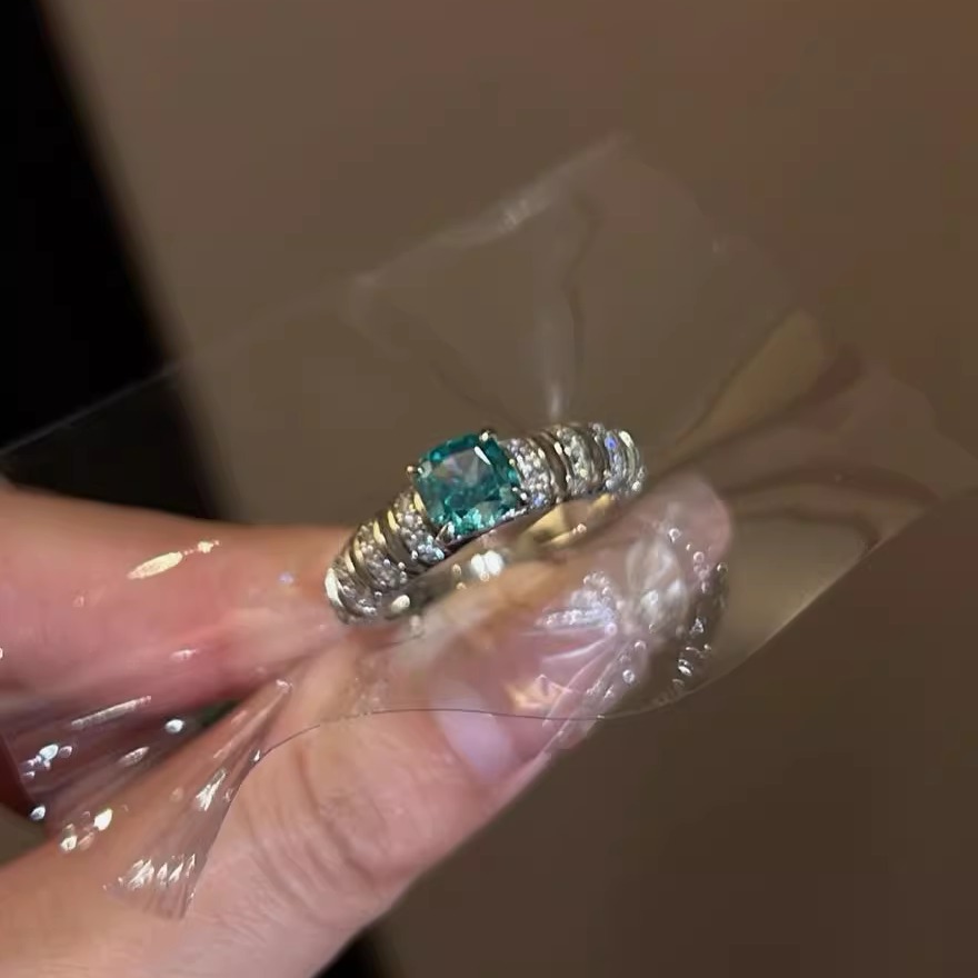 蕾迪高定帕拉伊巴霓虹蓝绿s925银镀真金1克拉方钻戒指