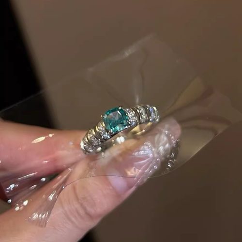 蕾迪高定帕拉伊巴霓虹蓝绿s925银镀真金1克拉方钻戒指