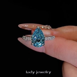 百搭戒指 时尚 蕾迪高定蓝色水滴 s925银镀真金重工款