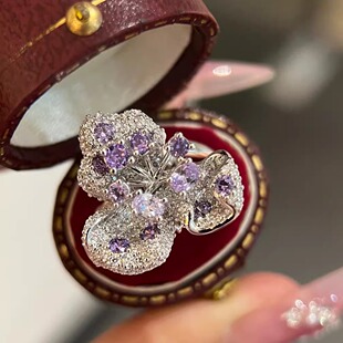 蕾迪高定s925银镀真金紫罗兰蝶恋花戒指手作［可调］