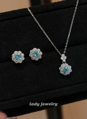 蕾迪高定海蓝宝色系50分［蓝色花苞套装］s925银耳钉项链