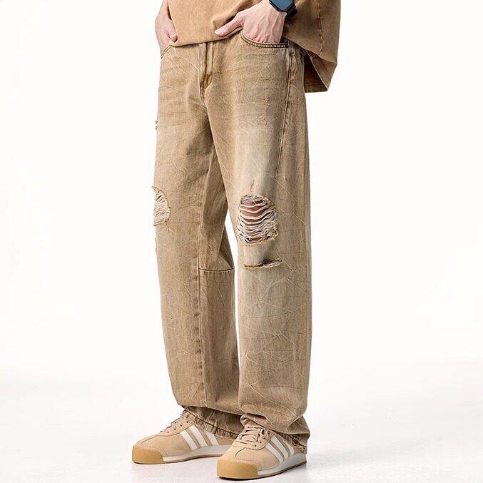 美式复古宽松直筒版型薄款夏秋微破洞款卡其色布牛仔长裤男士裤子
