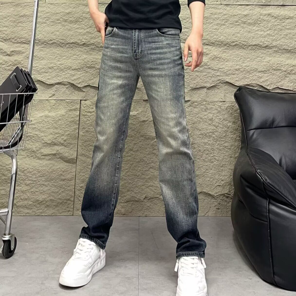 设计款美式个性撞色牛仔裤男合身小直筒2026春季新款多口袋长裤子