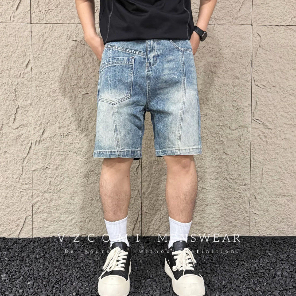 夏季美式潮牌水洗个性烫银口袋拼接牛仔短裤休闲痞帅小众五分裤