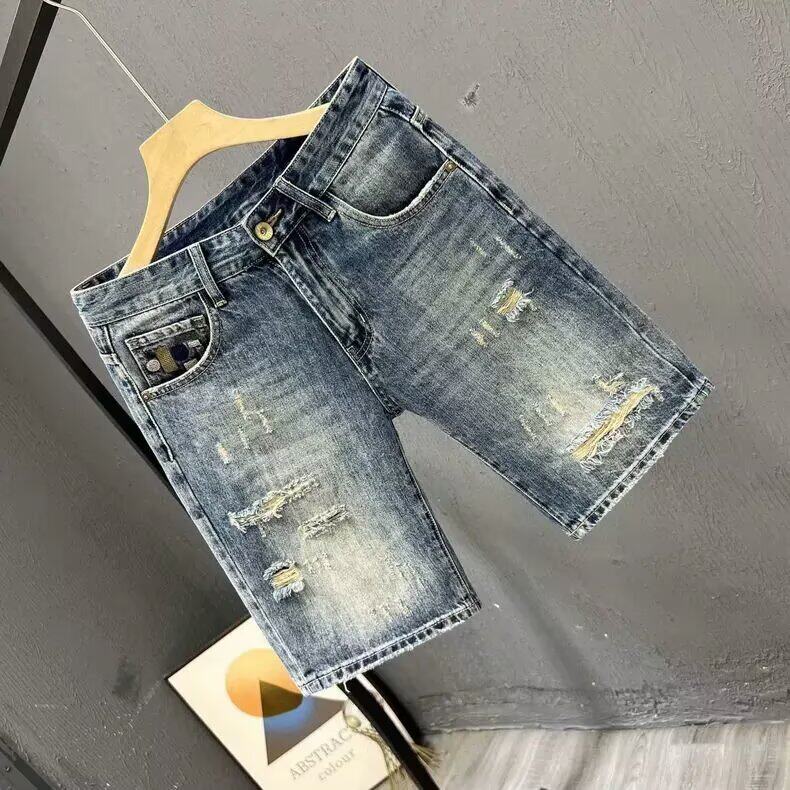 夏季薄款破洞牛仔短裤男