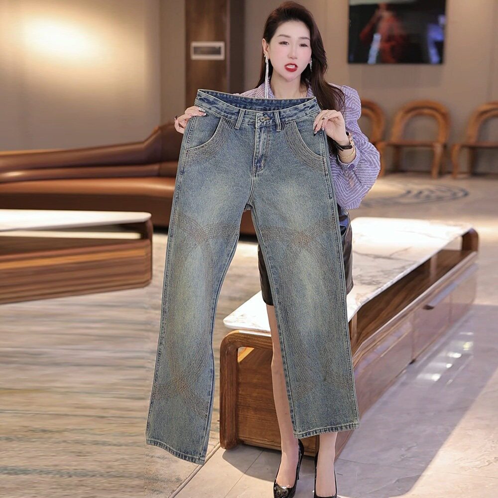 香港潮牌男宽松直筒刺绣牛仔裤