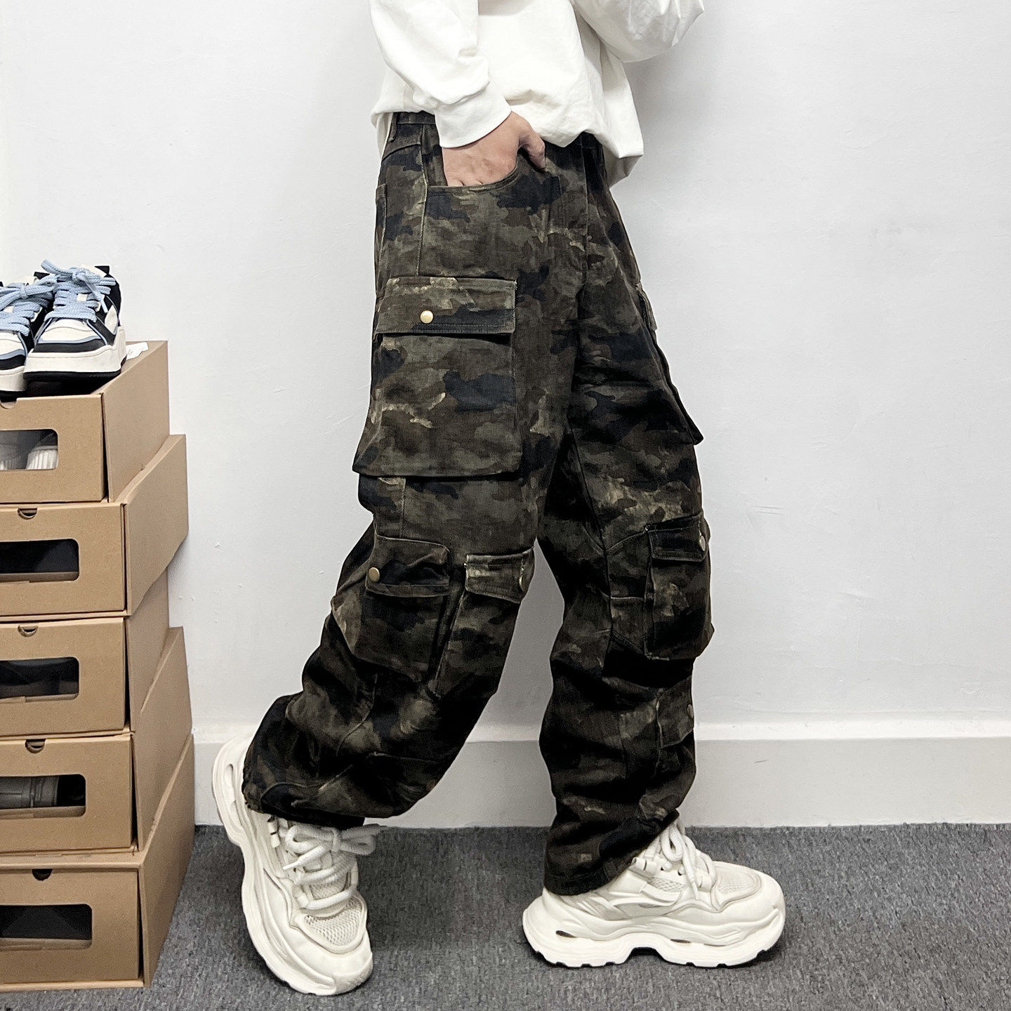 欧美男士工装潮牌重磅多口袋迷彩