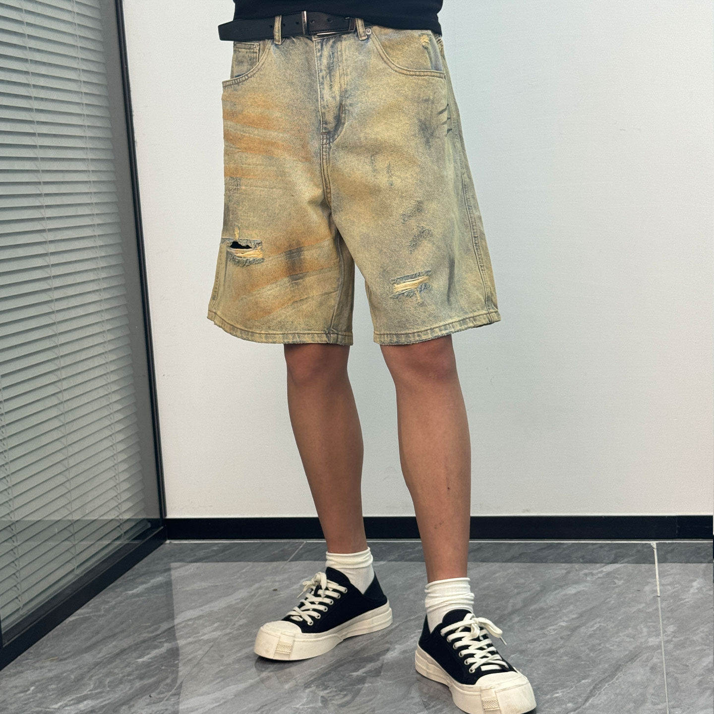 美式街头黄泥染复古做旧牛仔短裤