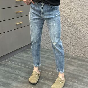 设计款刮烂九分牛仔裤男修身小直筒2026夏季新款时尚刮烂烟管裤子