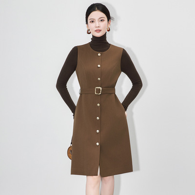 轻奢高级感简约通勤修身收腰系带连衣裙无袖背心A字裙2025秋冬款