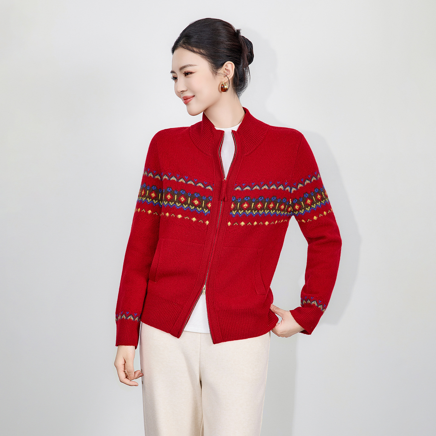 时尚气质超细纯羊毛民族风织花针织拉链开衫毛衣上衣女秋冬新款