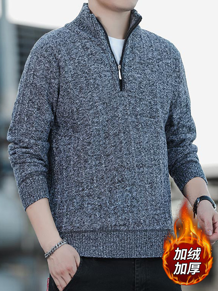 HALF-ZIP STAND-UP COLLAR SWEATER MENS AUTUMN AND WINTER FLEECE PADDED BASE LAYER MENS TRENDY BRAND WARM KNITWEAR JACKET