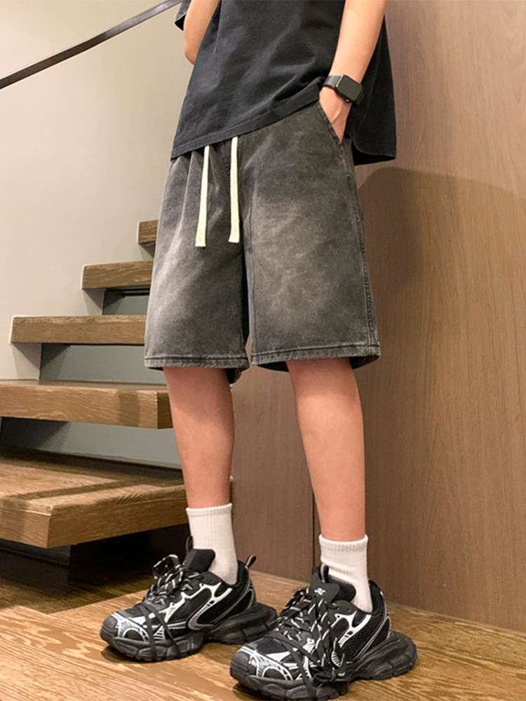 SMOKE GRAY DENIM SHORTS MENS SUMMER FIVE-POINT CASUAL PANTS MENS TRENDY BRAND YOUTH AMERICAN STRAIGHT LEG SPORTS PANTS