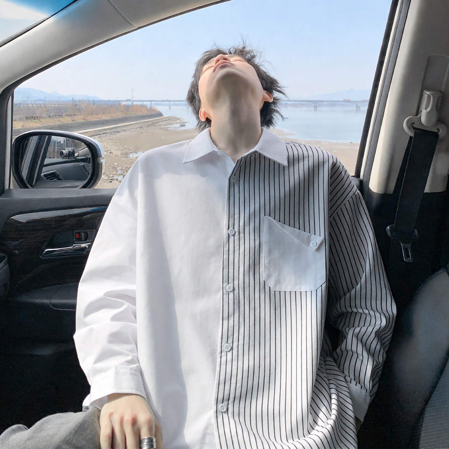 不对称条纹拼接长袖衬衫男秋季新款休闲衬衣外套男宽松痞帅上衣服