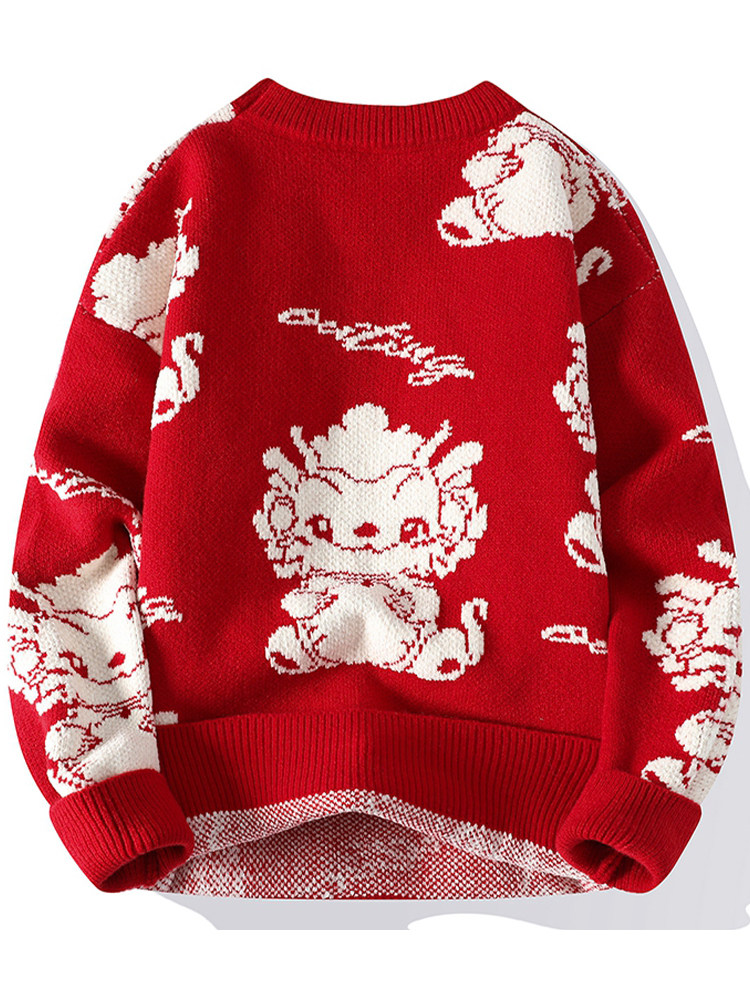 가을 겨울 남성용 빨간색 동물 년 스웨터 새로운 두꺼운 따뜻한 옷 라운드 넥 스웨터 유행 브랜드 용의 해 스웨터