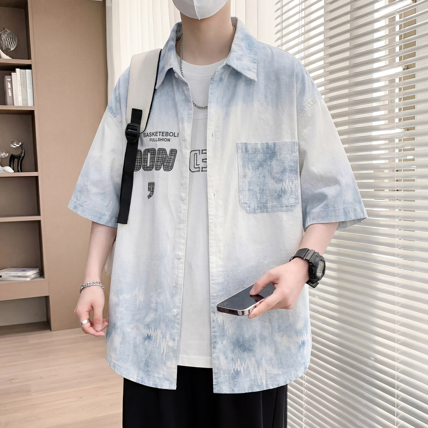 渐层色短袖衬衫男夏季薄款宽松纯棉半袖衬衣男士扎染刺绣夏天外套
