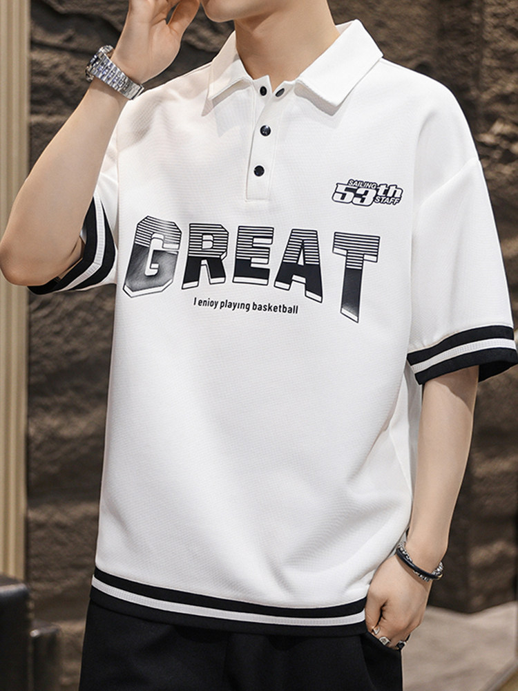MONOGRAM PRINT POLO SHIRT SHORT SLEEVE MENS SUMMER FASHION BRAND ROLL-NECK HALF-SLEEVED T-SHIRT KOREAN SIMPLE CASUAL ICE SILK SHIRT