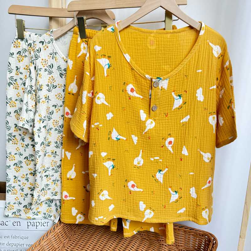 纯棉睡衣女双层绉纱布短袖七分裤宽松卡通碎花休闲小熊家居服套装